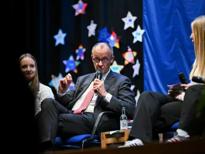 German Chancellor Friedrich Merz speaks during a panel discussion with students during his visit to the Carolus-Magnus-Gymnasium, as part of the EU Project Day in Schools, in Marsberg, Germany, April 27, 2026. REUTERS/Teresa Kroeger