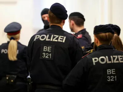 Security personnel stand guard on the day of a trial of the two men suspected of being Islamic State (IS) supporters, who were planning an attack on Taylor Swift's Vienna concert in 2024, in a courthouse in Wiener Neustadt, Austria, April 28, 2026.REUTERS/Leonhard Foeger