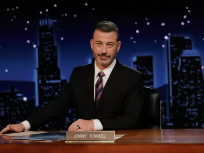 This image released by Disney shows Jimmy Kimmel hosting his late night show "Jimmy Kimmel Live!" in Los Angeles on Tuesday, Sept. 23, 2025. (Randy Holmes/Disney via AP)