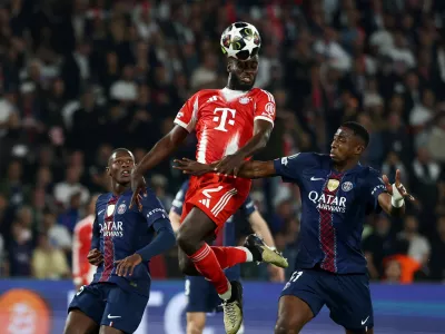 Soccer Football - UEFA Champions League - Semi Final - First Leg - Paris St Germain v Bayern Munich - Parc des Princes, Paris, France - April 28, 2026 Bayern Munich's Dayot Upamecano scores their third goal REUTERS/Gonzalo Fuentes   TPX IMAGES OF THE DAY