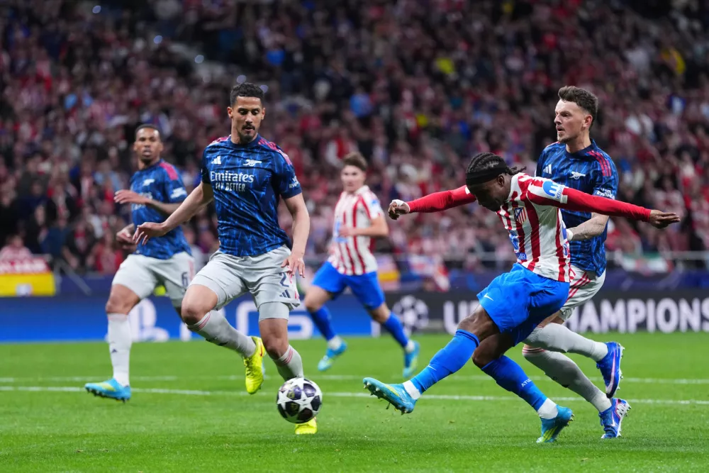 Atletico Madrid's Ademola Lookman takes a shot during a Champions League semifinal, first leg, soccer match between Atletico Madrid and Arsenal in Madrid, Spain, Wednesday, April 29, 2026. (AP Photo/Manu Fernandez)