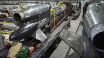 Flamingo missiles are seen at Fire Point's secret factory in Ukraine on Monday, Aug. 18, 2025. (AP Photo/Efrem Lukatsky)