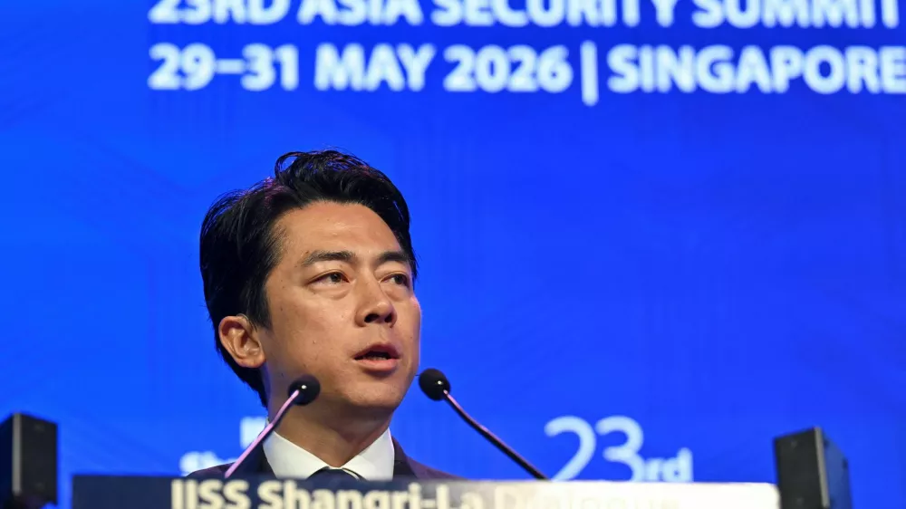 Shinjiro Koizumi, Japan's defence minister, speaks at the Shangri-La Dialogue security summit in Singapore, May 31, 2026. REUTERS/Caroline Chia