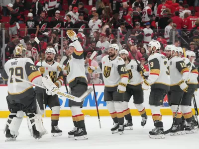 Jun 2, 2026; Raleigh, North Carolina, USA; Vegas Golden Knights celebrate the win against the Carolina Hurricanes in game one of the 2026 Stanley Cup Final at Lenovo Center. Mandatory Credit: James Guillory-Imagn Images