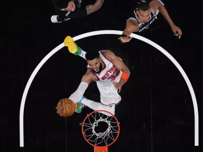 Jun 3, 2026; San Antonio, Texas, USA; New York Knicks center Karl-Anthony Towns (32) shoots the ball during game one of the 2026 NBA Finals at Frost Bank Center. Mandatory Credit: Eric Gay-Pool Photo via Imagn Images