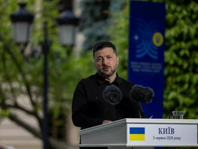 Ukrainian President Volodymyr Zelenskiy speaks during a joint press conference with NATO Secretary General Mark Rutte after talks, amid Russia's attack on Ukraine, in Kyiv, Ukraine, June 3, 2026. REUTERS/Thomas Peter