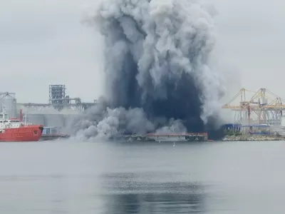 In this photo taken from video provided by OBSERVATOR ANTENA 1, an explosion of sea drone is seen in Constanta port, Romania, Friday, June 5, 2026. (OBSERVATOR ANTENA 1 via AP)