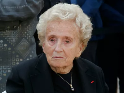 FILE - Bernadette Chirac, wife of former French President Jacques Chirac attends a ceremony to pay tribute to Simone Veil in the courtyard of the Invalides in Paris, France, Wednesday, July 5, 2017. (AP Photo/Michel Euler, File)