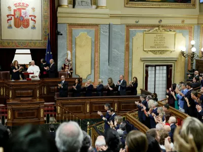 Pope Leo XIV is applauded at the end of his speech during his visit at the Spanish Parliament, next to Francina Armengol, President of the Congress of Deputies of Spain and Pedro Rollan, President of the Senate, during his apostolic journey in Madrid, Spain, June 8, 2026. EFE/Ballesteros/Pool via REUTERS