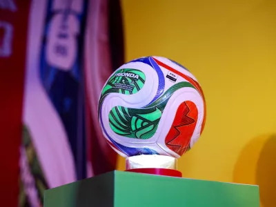The official ball of the 2026 FIFA World Cup named "Trionda" is displayed during a presentation event in Mexico City, Mexico, October 3, 2025. REUTERS/Luis Cortes