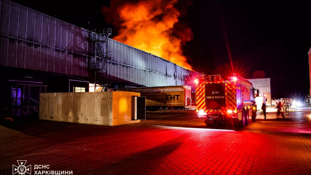 Firefighters work at a site of a sorting centre of Ukraine's national post hit by a Russian drone strike, amid Russia's attack on Ukraine, in Kharkiv, Ukraine in this handout picture released June 8, 2026. Press service of the State Emergency Service of Ukraine in Kharkiv region/Handout via REUTERS ATTENTION EDITORS - THIS IMAGE HAS BEEN SUPPLIED BY A THIRD PARTY. WATERMARK FROM SOURCE. MANDATORY CREDIT. BEST QUALITY AVAILABLE.