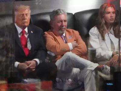 President Donald Trump watches Game 3 of the NBA Finals basketball series between the New York Knicks and the San Antonio Spurs at Madison Square Garden in New York, Monday, June 8, 2026, with Knicks owner James Dolan and Kai Trump. (AP Photo/Mark Schiefelbein)