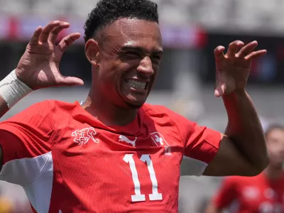 Switzerland forward Dan Ndoye celebrates his goal during the first half of an international friendly soccer game against Australia Saturday, June 6, 2026, in San Diego. (AP Photo/Gregory Bull)