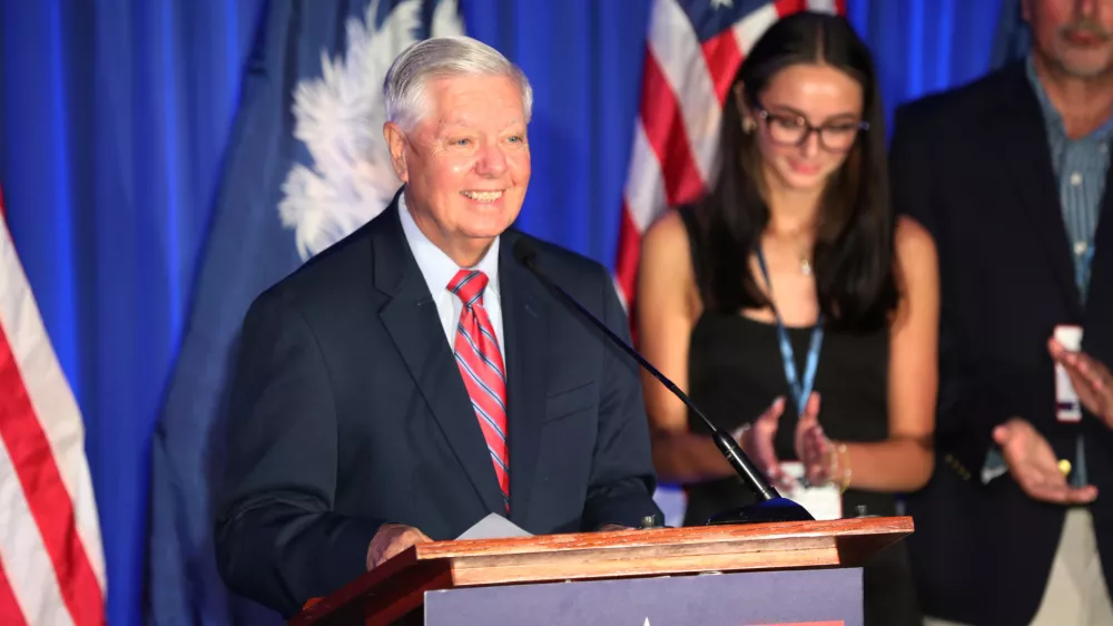 Republican U.S. Sen. Lindsey Graham speaks after winning the Republican primary on Tuesday, June 9, 2026, in Columbia, S.C. (AP Photo/Jeffrey Collins)