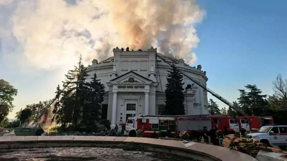 In this photo provided by Sevastopol mayor Mikhail Razvozhaev telegram channel on Wednesday, June 10, 2026, Firefighters put out a fire after a Ukrainian drone attack hit the building of "Defense of Sevastopol 1854&ndash;1855" Panorama in Sevastopol, Crimea. (Sevastopol mayor Mikhail Razvozhaev telegram channel via AP)