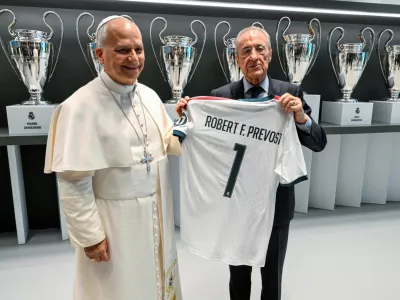 Pope Leo XIV meets with Real Madrid president Florentino Perez, during a meeting with the diocesan community at the Santiago Bernabeu Stadium, in Madrid, Spain, June 8, 2026. Elisabetta Trevisan/Vatican Media/&shy;Handout via REUTERS ATTENTION EDITORS - THIS IMAGE WAS PROVIDED BY A THIRD PARTY.