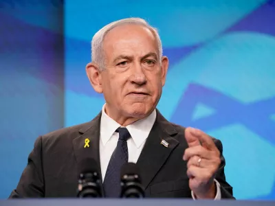 FILE PHOTO: Israeli Prime Minister Benjamin Netanyahu gestures during a joint press conference with U.S. Secretary of State Marco Rubio (not pictured) at the Prime Minister's Office, during Rubio's visit, in Jerusalem, September 15, 2025. REUTERS/Nathan Howard/Pool/File Photo