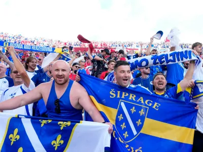 Bosnia fans cheer before the World Cup Group B soccer match between Canada and Bosnia, Friday, June 12, 2026, in Toronto. (Chris Young/The Canadian Press via AP)