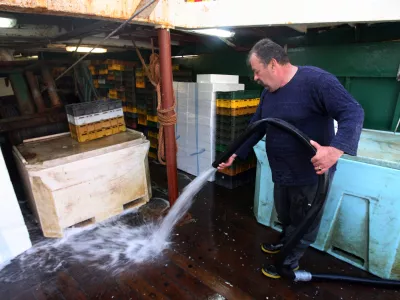 - ribi&scaron;la ladja Riba - ribiči - raztovarjanje ulova rib- Slovensko morje - primorska - pomor&scaron;čaki -  ///FOTO: Tomaž SkaleOPOMBA: ZA OBJAVO V PRILOGI &ndash; DNEVNIKOV OBJEKTIV - REPORTAŽA