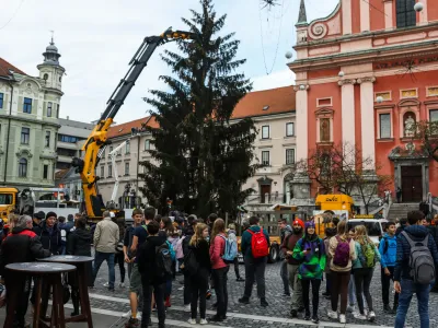 - Pre&scaron;ernov trg - Novoletna jelka - postavljanje smreke namenjene decembrskemu in novoletnemu okrasu - ﻿- 15.11.2022- Praznična okrasitev Ljubljane - priprave na Veseli December - božično novoletni sejem - prednovoletno okra&scaron;evanje //FOTO: Bojan Velikonja