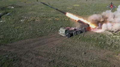 In this photo taken from video released by the Russian Defense Ministry on Friday, July 19, 2024, a Russian self-propelled multiple rocket launcher Uragan &thinsp;(Hurricane) fires toward Ukrainian position at an undisclosed location in Ukraine. (Russian Defense Ministry Press Service via AP)