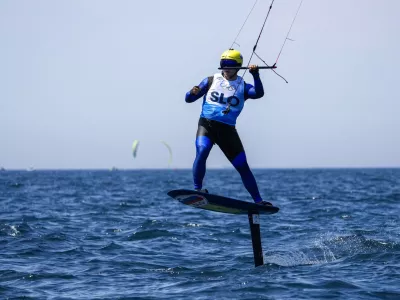 Toni Vodisek of Slovenia reacts as he crosses the finish line during the 2024 Summer Olympics, Tuesday, Aug. 6, 2024, in Marseille, France. (AP Photo/Jacquelyn Martin)