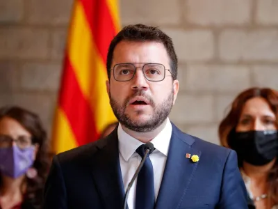 FILE PHOTO: Catalonia's regional President Pere Aragones gives a news conference at Palau de la Generalitat, following the arrest of former Catalan government head Carles Puigdemont in Sardinia on Thursday, in Barcelona, Spain, September 24, 2021. REUTERS/Albert Gea/File Photo